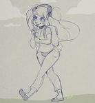  anthro blue_theme canine clothed clothing female headphones higgyy mammal open_mouth sketch smile solo walking 