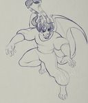  anthro blue_theme canine clothed clothing dragon higgyy horn hybrid male mammal sketch smile solo standing wings 