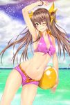  ball beachball bikini blush breasts brown_hair cloud covered_nipples day front-tie_top green_eyes hair_ribbon huang_lingyin infinite_stratos long_hair looking_at_viewer navel one_eye_closed ribbon shiny shiny_clothes short_shorts shorts sky small_breasts smile solo summer swimsuit teeth water zucchini 