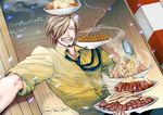  ^_^ blonde_hair buttons carrying character_name cigarette closed_eyes collared_shirt dated dutch_angle facial_hair food goatee grin hair_over_one_eye happy_birthday long_sleeves male_focus mouth_hold necktie one_piece plate sanji serving shirt sleeves_rolled_up smile smoke solo steam translated upper_body yellow_shirt yuu_(1969loy) 