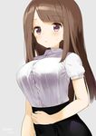  artist_name black_skirt blush breasts brown_eyes brown_hair bursting_breasts button_gap commentary_request dated dress_shirt eyebrows_visible_through_hair grey_background kaisen_chuui large_breasts long_hair office_lady original pencil_skirt shirt shirt_tucked_in simple_background skirt solo sweatdrop white_shirt 
