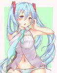  :o arm_at_side bangs bare_shoulders blue_eyes blue_hair bow bow_panties breasts collared_shirt detached_sleeves eyebrows_visible_through_hair green_neckwear grey_shirt groin hair_between_eyes hair_ornament hand_on_own_cheek hand_on_own_face hand_up hatsune_miku headphones highres kusoyuridanchi large_breasts long_hair looking_at_viewer medium_breasts navel necktie no_pants open_mouth panties pink_bow pink_lips shirt sleeveless sleeveless_shirt solo striped striped_panties twintails underwear very_long_hair vocaloid wing_collar 