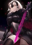  armor blonde_hair bu_li cape chain contrapposto energy fate/grand_order fate_(series) fur jeanne_d'arc_(alter)_(fate) jeanne_d'arc_(fate)_(all) looking_down pale_skin petals smile solo standard_bearer standing sword thighhighs weapon yellow_eyes 