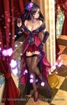  black_hair breasts cleavage company_name curtains drink facial_tattoo flower full_body gloves gyakushuu_no_fantasica hair_bun hair_flower hair_ornament heart highres jewelry knife large_breasts long_hair necklace official_art petals purple_eyes ryuki@maguro-ex solo tattoo thighhighs veil veins 