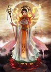  absurdres alternate_hair_color bindi black_hair bracelet commentary dress full_body goddess guanyin headdress highres huge_filesize indian_clothes jewelry long_dress lotus_pedestal mechanical_halo mercy_(overwatch) monori_rogue overwatch pelvic_curtain solo staff veil wide_sleeves wings 