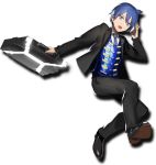  1boy artist_request asaru_vito assault_spy bags_under_eyes blue_eyes blue_hair briefcase formal loafers looking_at_viewer necktie official_art open_mouth phone shoes spy suit talking_on_phone upper_teeth 