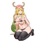  absurdres arm_at_side arm_support bangs bare_shoulders baseball_cap bikini black_bikini black_eyes black_legwear blonde_hair breasts cleavage closed_mouth collarbone deng_haojun dragon_girl dragon_horns eyebrows_visible_through_hair eyelashes full_body gradient_eyes gradient_hair green_eyes green_hair groin hair_between_eyes hand_on_own_chest hand_up hat heterochromia highres horns kobayashi-san_chi_no_maidragon large_breasts legs_together lips long_hair looking_at_viewer micro_bikini midriff multicolored multicolored_eyes multicolored_hair navel no_shoes pink_hat pink_lips purple_eyes quetzalcoatl_(maidragon) seiza simple_background sitting skindentation smile solo stomach strap_gap string_bikini swimsuit thighhighs very_long_hair wavy_hair white_background yellow_pupils 