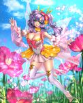  barefoot blush bow breasts cleavage cloud company_name curly_hair day fairy_wings flower full_body green_eyes gyakushuu_no_fantasica hair_flower hair_ornament large_breasts long_hair official_art open_mouth purple_hair ryuki@maguro-ex sky solo toeless_legwear twintails wings 