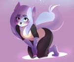  anthro canine clothed clothing female fur hair higgyy kneeling looking_at_viewer mammal smile solo tongue tongue_out 