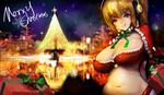  absurdres arms_behind_back bell belly blonde_hair breasts capelet christmas christmas_tree cleavage commentary curvy eyebrows_visible_through_hair gift green_ribbon headphones highres huge_breasts lapaco licking_lips merry_christmas midriff nitroplus plump pom_pom_(clothes) red_capelet reflection ribbon short_twintails skindentation snowflakes solo super_pochaco text_focus tongue tongue_out twintails 