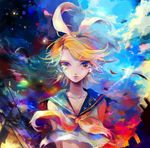  arms_behind_back bare_arms blonde_hair blue_eyes blue_sky bow cityscape cloud collarbone colorful crop_top crying crying_with_eyes_open day_and_night floating_hair hair_bow hair_ornament hairband hairclip headset highres kagamine_rin leaf looking_at_viewer midriff multicolored multicolored_background multicolored_eyes nagame_(nagaiame) night night_sky sad sailor_collar shirt shirt_lift short_hair sky sleeveless sleeveless_shirt solo sunrise sunset tears torn_clothes transmission_tower twilight vocaloid wind wind_lift 