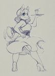  anthro armpits blue_theme blush canine clothed clothing female higgyy mammal sketch smile solo standing waiter 