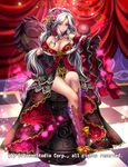  bow breasts chess_piece cleavage company_name curly_hair curtains flower full_body fur_trim gloves gyakushuu_no_fantasica hair_flower hair_ornament highres huge_breasts long_hair official_art ponytail purple_eyes rose ryuki@maguro-ex sitting solo white_hair 
