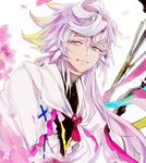  fate/grand_order fate_(series) feathers flower long_hair looking_to_the_side male_focus merlin_(fate) petals purple_eyes purple_hair simple_background smile solo staff suou upper_body white_background 