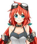  amano_tora aqua_eyes bare_shoulders blush bracelet breasts cleavage collar cropped fangs fingerless_gloves gloves goggles goggles_on_head grin jewelry kazenoko long_hair looking_at_viewer medium_breasts orange_hair original red_hair simple_background smile solo tank_top upper_body very_long_hair white_background 