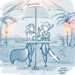  :3 anthro basitin beach beverage blush canine clothed clothing date duo ear_grab embarrassed eyes_closed female fox keidran keith_keiser laura_(twokinds) male mammal palm_tree parasol seaside sitting smile straw sweat table tom_fischbach torch tree twokinds 