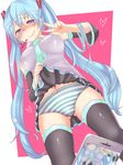  ass_visible_through_thighs bangs bare_shoulders black_skirt blue_eyes blue_hair blush bow bow_panties breasts cellphone closed_mouth collared_shirt covered_nipples detached_sleeves embarrassed fingernails flashing from_below green_neckwear grey_shirt hair_ornament hatsune_miku headphones heart highres kusoyuridanchi large_breasts long_hair looking_at_viewer medium_breasts navel necktie nose_blush panties pantyshot phone pink_bow pleated_skirt pulled_by_self shirt skirt skirt_lift sleeveless sleeveless_shirt smartphone smile solo striped striped_panties sweat taking_picture thighhighs twintails underwear very_long_hair vocaloid w wavy_mouth wing_collar 