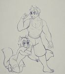  ambiguous_gender anthro blue_theme clothed clothing duo feline higgyy hug kneeling male male/ambiguous mammal muscular sketch smile standing 