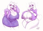  2019 anthro areola belly big_breasts boss_monster bottomless bovid breasts caprine clothed clothing deltarune eyewear female fur goat horn huge_breasts jewelry long_ears looking_at_viewer mammal mature_female motion_lines navel necklace nipples open_mouth partially_clothed red_eyes secretly_saucy simple_background sitting slightly_chubby smile solo sweat thick_thighs toriel undertale video_games voluptuous white_fur 