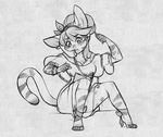  anthro clothed clothing feline female higgyy mammal monochrome open_mouth phone sitting sketch solo 