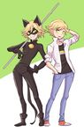  adrien_agreste animal_ears bell black_bodysuit blonde_hair bodysuit boots cat_ears chat_noir domino_mask dual_persona flipped_hair green_eyes green_sclera grin hand_behind_head hand_in_pocket hand_on_hip jocheong male_focus mask miraculous_ladybug popped_collar shoes smile sneakers staff 