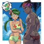  1girl abs arms_at_sides ass back bikini black_hair blue_sky blush chest cloud collarbone constricted_pupils cowboy_shot dark_nipples dark_skin dark_skinned_male day eyebrows floral_print flower from_behind frown gen_3_pokemon green_eyes green_hair hair_flower hair_ornament hand_up kaki_(pokemon) long_hair looking_at_another looking_back looking_down male_swimwear mao_(pokemon) multicolored_hair muscle navel nipples open_mouth outdoors palm_tree pokemon pokemon_(creature) pokemon_(game) pokemon_sm red_hair short_hair sky slit_pupils sparkle stomach sweat swim_briefs swimsuit swimwear thought_bubble tofu_(pixiv10770344) topless tree trial_captain triangle_mouth tropius twintails two-tone_hair undersized_clothes 