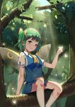  absurdres arm_at_side asymmetrical_hair bangs blue_skirt blue_vest blush bow breasts bug butterfly closed_mouth collared_shirt daiyousei day fairy fairy_wings glowing_butterfly green_eyes green_hair hair_bow highres in_tree insect kneehighs leaf looking_at_viewer ninomi621 outdoors puffy_short_sleeves puffy_sleeves shirt short_sleeves side_ponytail sitting skirt small_breasts smile solo sunlight tareme touhou tree tree_branch vest white_legwear white_shirt wing_collar wings yellow_bow 