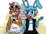  2015 animatronic anthro bear bow_tie buckteeth cellphone clothing denim_shorts duo english_text eyewear five_nights_at_freddy&#039;s five_nights_at_freddy&#039;s_2 gem girly inkyfrog jewelry lagomorph machine male mammal necklace open_mouth pearl_(gem) phone purse rabbit robot shorts sunglasses teeth text toy_bonnie_(fnaf) toy_freddy_(fnaf) video_games 