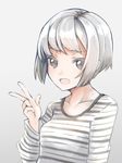  :d bangs blush breasts brown_eyes comah gradient gradient_background grey_background grey_shirt hand_up looking_at_viewer muted_color open_mouth original shirt short_hair silver_hair small_breasts smile solo striped striped_shirt swept_bangs upper_body v w 