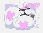  2017 bear big_breasts blush breasts clothed clothing eyeliner female fringe hat huge_breasts hyper japanese_text luna_paws makeup mammal nipple_stickers pasties simple_background smutbunny text 