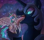  2017 armor duo equine feathered_wings feathers female feral friendship_is_magic hair half-closed_eyes helmet horn howlart licking long_hair macro mammal multicolored_hair my_little_pony nightmare_moon_(mlp) princess_celestia_(mlp) saliva teeth tongue tongue_out winged_unicorn wings 