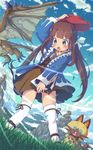  :o aki_(akisora_hiyori) blue_sky blush brown_hair cloud cloudy_sky commentary_request day dragon full_body grass green_eyes highres lilia_(monster_hunter) long_hair monster_hunter monster_hunter_stories mountain naville_(monster_hunter_stories) outdoors rathalos sky standing sweatdrop wind wind_lift 