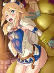  1girl aqua_eyes arm_grab ayuria bare_shoulders blonde_hair blue_eyes blush bone_hair_ornament boris_(noborhys) breasts cape character_request cleavage clothed_female_nude_male covered_navel covered_nipples cum cum_in_pussy detached_sleeves doggystyle dress dress_lift fat fat_man fingerless_gloves gloves green_skin hetero highres hips indoors monster_hunter monster_hunter_stories neckerchief nipples nude open_mouth panties panty_pull ponytail pussy_juice sex short_dress tears underwear vaginal white_panties 