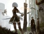  1girl back_cutout blindfold boots breasts building commentary dress gekkou_hotaru grass highres juliet_sleeves katana leaf long_sleeves nier_(series) nier_automata patterned_clothing pipes pod_(nier_automata) puffy_sleeves short_hair shorts small_breasts strap sword thigh_boots thighhighs weapon white_hair yorha_no._2_type_b yorha_no._9_type_s 