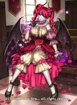  bat_wings company_name drill_hair flower full_body gloves gyakushuu_no_fantasica hair_flower hair_ornament high_heels highres horns long_hair official_art petals pointy_ears purple_skin red_hair rose ryuki@maguro-ex sitting solo twintails window wings yellow_eyes 