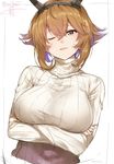  blush breast_hold breasts brown_hair crossed_arms green_eyes headgear isshiki_(ffmania7) kantai_collection large_breasts looking_at_viewer mutsu_(kantai_collection) one_eye_closed open_mouth ribbed_sweater short_hair signature simple_background smile solo sweater turtleneck turtleneck_sweater twitter_username 