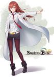  belt black_footwear black_shorts c-eye copyright_name full_body glint hand_in_pocket highres labcoat long_hair looking_at_viewer makise_kurisu necktie outstretched_hand pantyhose red_hair red_neckwear shirt shoes shorts silver_eyes solo standing steins;gate white_shirt 