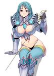 armor bikini_armor blue_eyes blue_hair blue_legwear breasts hair_ornament hairclip highres invisible_chair looking_at_viewer masao medium_breasts navel original rapier simple_background sitting skindentation solo sword thighhighs thighs weapon white_background 