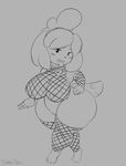  2017 animal_crossing anthro areola blush breasts canine dog eyelashes female fishnet iron-0xide isabelle_(animal_crossing) mammal nintendo nipples open_mouth pussy solo tongue tongue_out video_games 