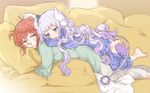  bangs banned_artist barefoot blue_eyes blunt_bangs commentary_request dragon_girl dragon_horns glasses horns kanna_kamui kissai kobayashi-san_chi_no_maidragon kobayashi_(maidragon) lavender_hair long_hair lying_on_another multiple_girls pajamas polka_dot_pajamas red_hair sleepy tail 