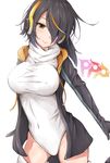  bangs black_hair blonde_hair blush breasts brown_eyes closed_mouth commentary_request covered_navel covered_nipples cowboy_shot emperor_penguin_(kemono_friends) group_name hair_over_one_eye headphones highleg highleg_leotard highres hood hoodie hoshimiya_mashiro kemono_friends large_breasts legs_apart leotard light_smile looking_at_viewer multicolored_hair open_clothes open_hoodie simple_background smile solo standing streaked_hair thighhighs thighs white_background white_legwear white_leotard 
