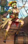  barrel belt boots bracelet breasts brown_footwear cape cleavage company_name day feathers full_body green_hair gun gyakushuu_no_fantasica hat highres huge_breasts jewelry knee_boots miniskirt official_art open_mouth pink_eyes pirate_hat ryuki@maguro-ex skirt sky solo weapon 