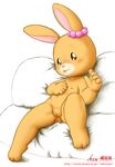  5_fingers anthro beads beady_eyes blush brown_eyes brown_fur child cute female fur lagomorph looking_at_viewer mammal maple_town navel nipples patty_(maple_town) pillow pussy rabbit sitting smile solo ten tongue tongue_out young 