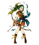  armor arrow black_legwear boots bow_(weapon) fingerless_gloves fire_emblem fire_emblem:_rekka_no_ken fire_emblem_heroes full_body gloves green_eyes green_hair highres holding holding_weapon hoshino_lily injury long_hair miniskirt official_art one_eye_closed quiver rebecca_(fire_emblem) scar shoulder_armor skirt sleeveless solo torn_clothes transparent_background weapon 