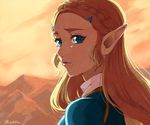  blonde_hair blue_eyes hair_ornament lips long_hair looking_at_viewer mountain parted_lips pointy_ears princess_zelda saiba_(henrietta) sky solo sunset the_legend_of_zelda the_legend_of_zelda:_breath_of_the_wild twitter_username worried 