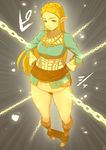 blonde_hair blue_eyes boots chain glowing hair_ornament hairclip hands_on_hips highres iku_(ikuchan_kaoru) long_hair looking_at_viewer md5_mismatch moderate_pubic_hair no_panties pants_down pointy_ears princess_zelda pubic_hair solo the_legend_of_zelda the_legend_of_zelda:_breath_of_the_wild time_stop 