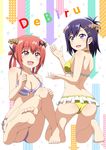  :3 :d ass barefoot bat_hair_ornament bikini blush clenched_hands demon_girl demon_horns directional_arrow eyebrows_visible_through_hair fang feet frilled_bikini frills front-tie_top full_body gabriel_dropout hair_ornament hair_rings hairclip halterneck highres horns kneeling kurumizawa_satanichia_mcdowell multiple_girls open_mouth orange_hair pink_eyes purple_eyes purple_hair romaji sanohiramugi side-tie_bikini sitting smile soles star starry_background striped striped_bikini swimsuit tsukinose_vignette_april white_background x_hair_ornament yellow_bikini 