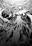  bangs blank_eyes breasts bubble capelet commentary_request greyscale highres jellyfish_girl long_hair medium_breasts mermaid monochrome monster_girl original seaweed solo traditional_media underboob underwater unli 