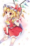  ascot bangs blonde_hair blush center_frills fang flandre_scarlet hat hat_ribbon highres looking_at_viewer mauve miniskirt mob_cap open_mouth red_eyes red_skirt ribbon shiny shiny_hair side_ponytail skirt smile socks solo sparkle standing touhou vest white_legwear wings wrist_cuffs 