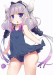  bangs bare_shoulders blue_eyes blue_swimsuit blunt_bangs blush_stickers bow breasts cameltoe dragon_horns dragon_tail eyebrows_visible_through_hair frilled_swimsuit frills hair_bow hairband hashibuto horns kanna_kamui kobayashi-san_chi_no_maidragon lavender_hair long_hair looking_at_viewer md5_mismatch one-piece_swimsuit open_mouth purple_hair simple_background small_breasts solo standing swimsuit tail very_long_hair white_background 